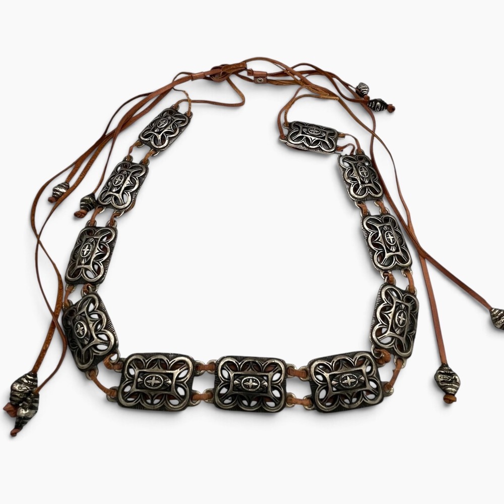 Western Silver Tone Concho Leather Cord Tie Belt Bohemian Brown